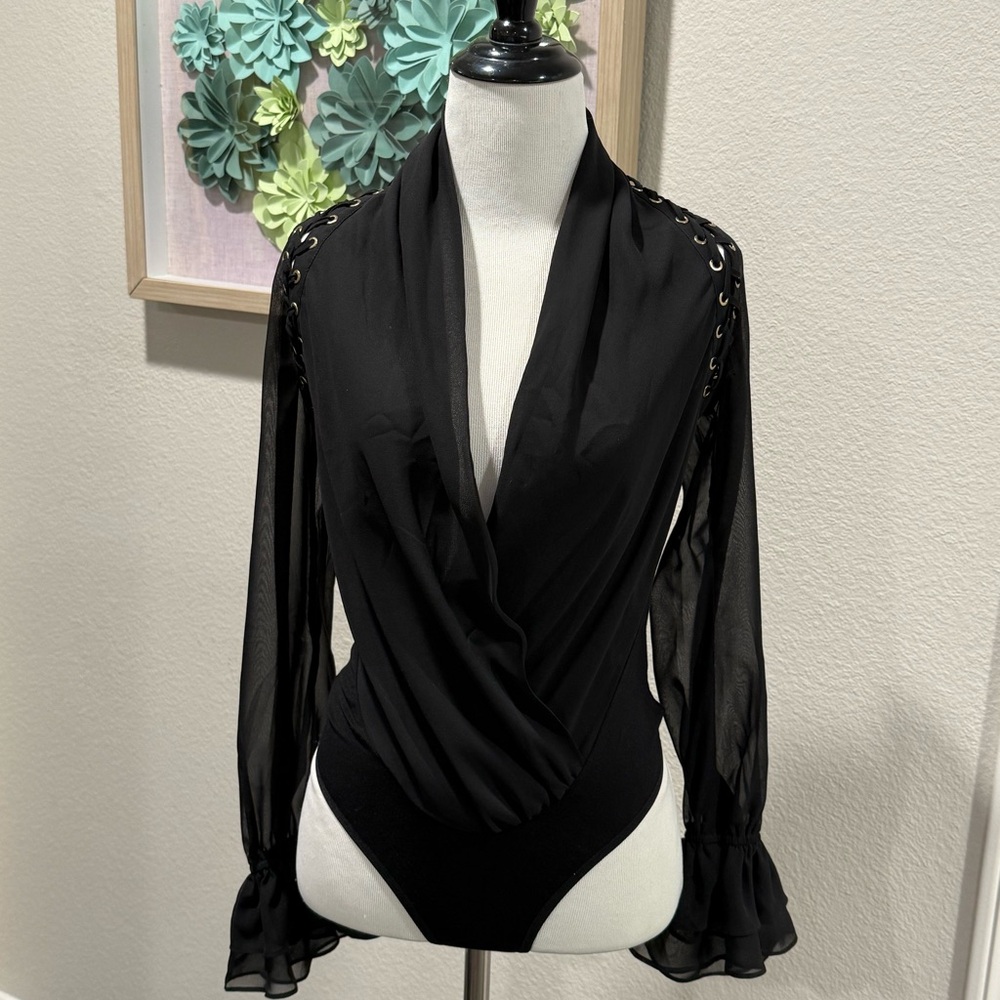 Marciano Black Sheer Bodysuit with Lace-Up Shoulders
